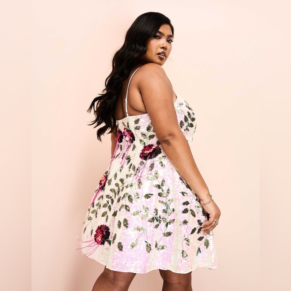 ASOS LUXE Curve sequin prom mini dress with embellished flowers in multi - Picture 3 of 7